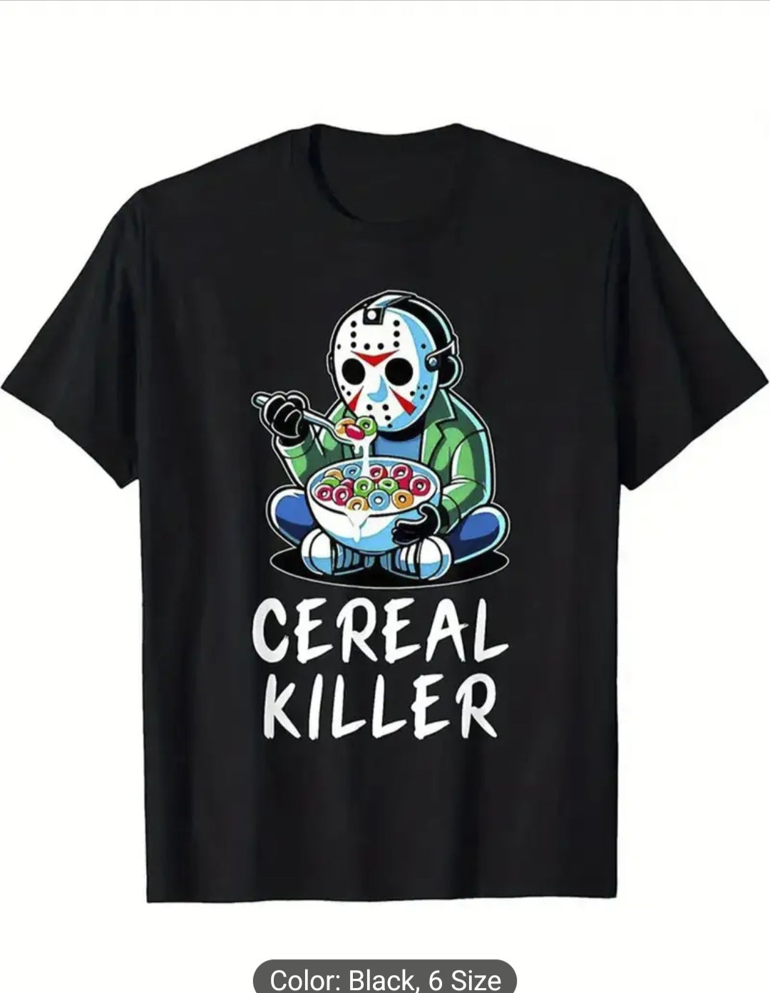 Men's Funny Horror Cereal Mashup Graphic Tee Jason Halloween Inspired Shirt Perfect Gifts for Horror and Cereal Fans Holiday Outfit Humorous Print Cotton Fabric Cereal Killer Design