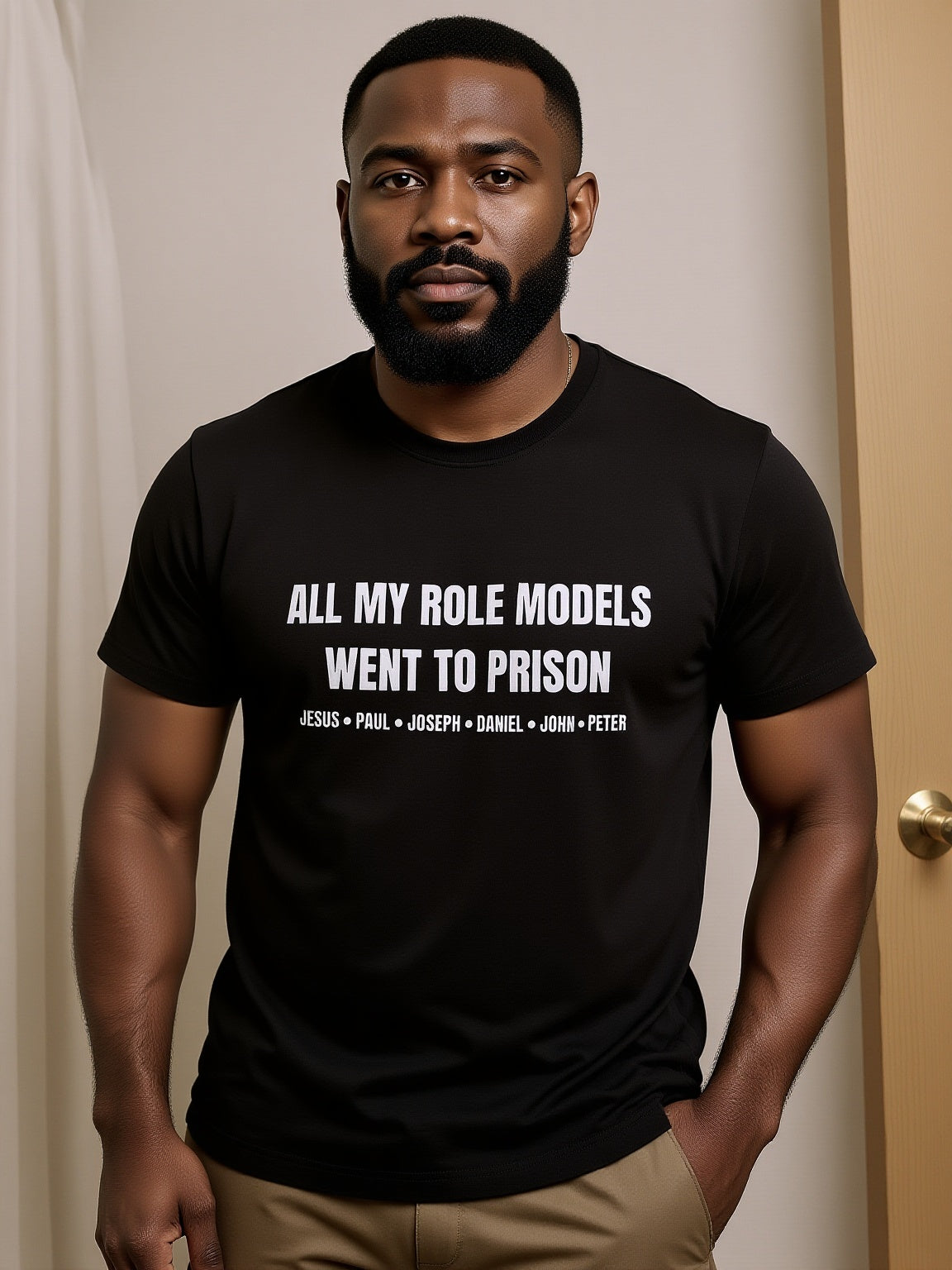 All My Role Models Went to Prison T-Shirts Faith-Based Humor Menswear Short Sleeves Comfortable Fit Ideal for Casual Wear