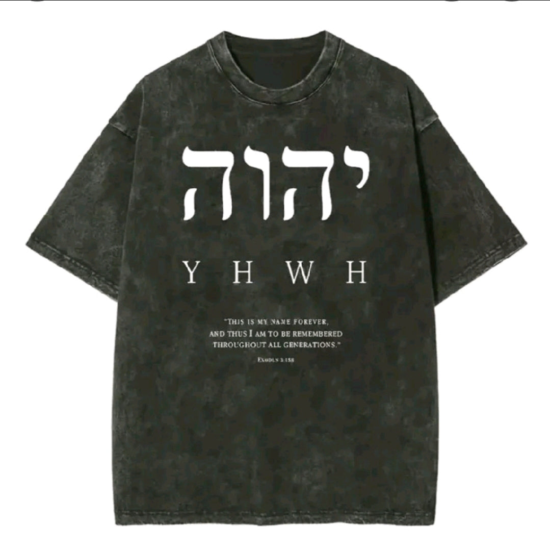 YHWH, Yahweh, Biblical Hebrew name for LORD, stone Washed, Oversized, Eternal Name Faith Based Printed Menswear T-Shirt, High-Quality Wax Printed Cotton Retro Fashion Brand T-Shirt, Suitable for Summer T-Shirt with a Certain Thickness, 230G