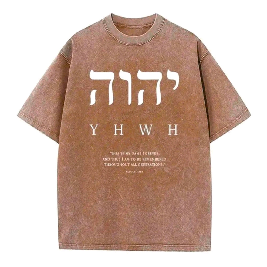 YHWH, Yahweh, Biblical Hebrew name for LORD, stone Washed, Oversized, Eternal Name Faith Based Printed Menswear T-Shirt, High-Quality Wax Printed Cotton Retro Fashion Brand T-Shirt, Suitable for Summer T-Shirt with a Certain Thickness, 230G