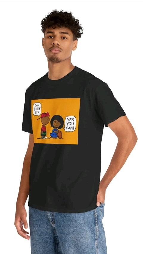 Can I kick it Melanin Cartoon t-shirt Motivational Men's Tee with Fun Design, Casual Cotton Shirt, Gift for Friends, Summer Vibes T-Shirt