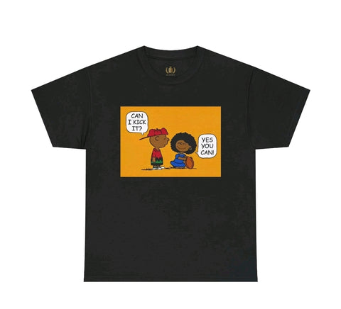 Can I kick it Melanin Cartoon t-shirt Motivational Men's Tee with Fun Design, Casual Cotton Shirt, Gift for Friends, Summer Vibes T-Shirt