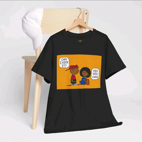 Can I kick it Melanin Cartoon t-shirt Motivational Men's Tee with Fun Design, Casual Cotton Shirt, Gift for Friends, Summer Vibes T-Shirt