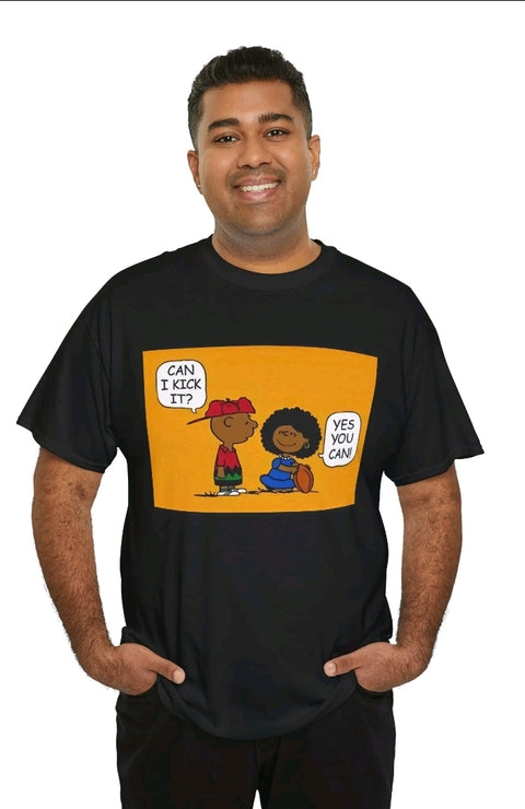 Can I kick it Melanin Cartoon t-shirt Motivational Men's Tee with Fun Design, Casual Cotton Shirt, Gift for Friends, Summer Vibes T-Shirt